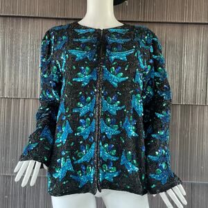 🔥Vintage Laurence Kazar Silk Sequins Cardigan Art Deco Retro Party Formal Sz M